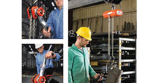 Image with three sections, each with a man working with hoisting equipment with hard hats and safety glasses on