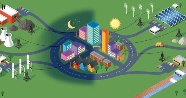 Image of animated city with power lines throughout the city